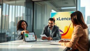 In a bustling modern U.S. office environment, a diverse group of professionals gathers around a sleek conference table, engaging in a brainstorming session. In the foreground, a Black woman in business attire enthusiastically points at a digital tablet displaying an innovative referral program dashboard. Nearby, a Hispanic man takes notes, while an Asian woman shares ideas, all contributing to an upbeat collaboration. In the middle ground, a glass wall shows a busy cityscape, reflecting sunlight that pours through, creating a warm, inspiring atmosphere. In the background, a vibrant poster with the brand name "AI XLence" is prominently displayed, emphasizing innovation. The image captures a sense of excitement and energy, representing the scalability and automation of referral programs.