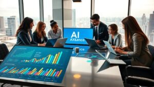 In a modern U.S. marketing office, a diverse team of professionals in business attire collaborates around a sleek conference table. The foreground features a display of colorful charts and graphs showcasing AI-driven loyalty marketing strategies, emphasizing customer retention. In the middle ground, team members are engaged in dynamic discussion, leaning over laptops and digital tablets, highlighting innovative ideas and insights. The background shows large windows with a panoramic city view, hinting at a bustling urban environment. Soft, warm lighting creates an inviting atmosphere, with a slight focus on the brand logo "AI XLence" prominently visible on a digital screen. The mood is energetic and forward-thinking, capturing the essence of collaboration and innovation in AI loyalty marketing.
