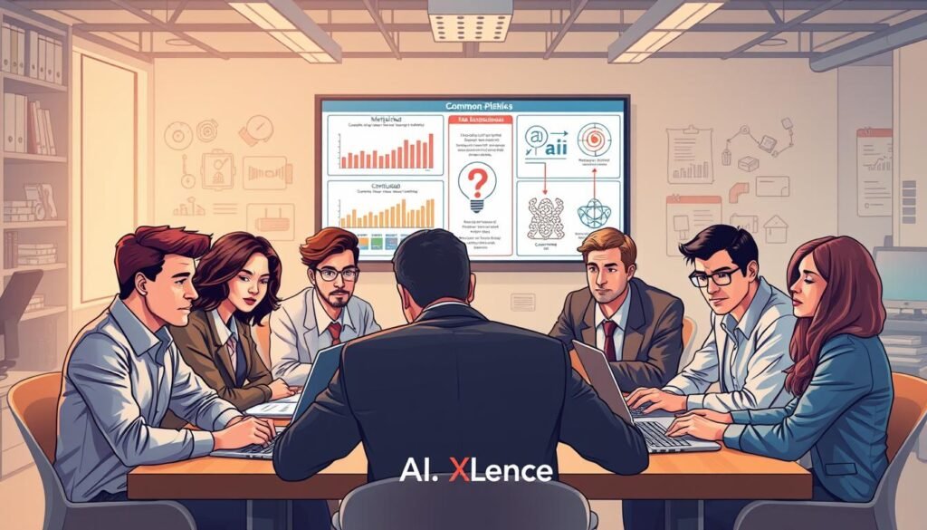 A dynamic and insightful illustration depicting common pitfalls in AI adoption. In the foreground, a diverse group of small business professionals, dressed in professional business attire, gather around a conference table with laptops and papers spread out. Their expressions range from concern to thoughtful discussion. In the middle ground, a digital screen displays mismatched data charts and confused AI implementation diagrams. In the background, an office setting filled with various AI-related tools and gadgets. Soft, ambient lighting casts a warm glow over the scene, enhancing the atmosphere of brainstorming and problem-solving. The overall mood conveys urgency and collaboration, highlighting the complexities of integrating AI successfully. Include the brand name "AI XLence" subtly in the composition. Be smart and stay ahead, Ray Baker.