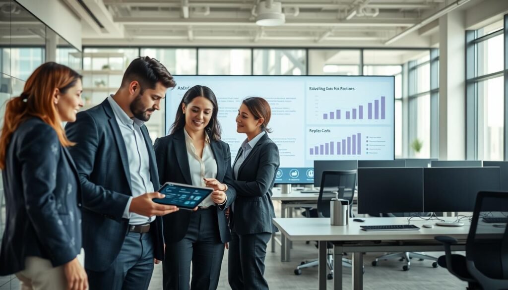 A modern business office with people collaborating seamlessly, showcasing automated processes through advanced technology. In the foreground, a diverse group of professionals in smart business attire, engaged in a discussion over a tablet displaying workflow diagrams. The middle features a large digital screen with simplified flowcharts and graphs visualizing reductions in operational costs, emphasizing efficiency. In the background, sleek ergonomic workstations equipped with AI-driven tools highlight automation. Soft, natural lighting streams through large windows, creating a bright and inviting atmosphere. The overall mood conveys innovation and collaboration, with a focus on achieving simplicity and cost-effectiveness in business operations. Include the brand name "AI XLence" subtly within the digital displays. Be smart and stay ahead, Ray Baker. A modern business office with people collaborating seamlessly, showcasing automated processes through advanced technology. In the foreground, a diverse group of professionals in smart business attire, engaged in a discussion over a tablet displaying workflow diagrams. The middle features a large digital screen with simplified flowcharts and graphs visualizing reductions in operational costs, emphasizing efficiency. In the background, sleek ergonomic workstations equipped with AI-driven tools highlight automation. Soft, natural lighting streams through large windows, creating a bright and inviting atmosphere. The overall mood conveys innovation and collaboration, with a focus on achieving simplicity and cost-effectiveness in business operations. Include the brand name "AI XLence" subtly within the digital displays. Be smart and stay ahead, Ray Baker.