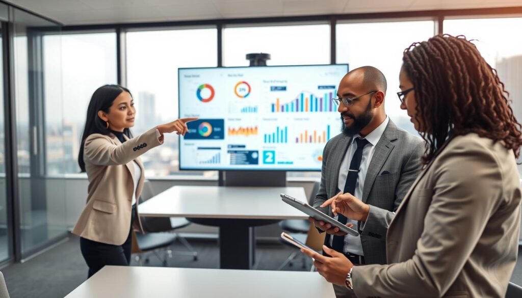 A modern office environment where a diverse group of three professionals, dressed in smart business attire, gathers around a large digital screen filled with colorful graphs and data analytics. In the foreground, one woman points at the screen, her expression one of insight and focus, while the man next to her jots down notes on a tablet. In the middle, the screen showcases various data visualizations like pie charts and bar graphs, emphasizing the concept of data-driven decision-making. The background features a sleek conference table, informal chairs, and a window revealing a bright city skyline, with soft natural lighting illuminating the scene. The atmosphere conveys collaboration and innovation in utilizing data for smarter business strategies, branded subtly with "AI XLence" on the screen. Be smart and stay ahead, Ray Baker.