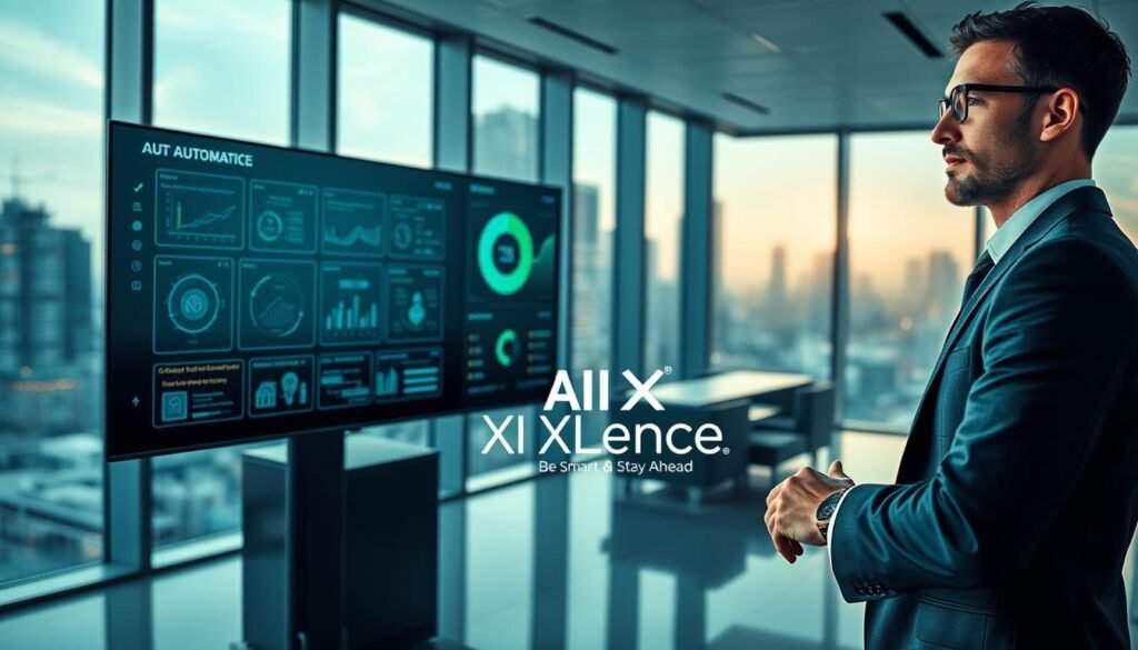A modern office space focused on optimizing workflows with intelligent automation. In the foreground, a confident professional in smart business attire is interacting with a sleek, futuristic touchscreen interface, displaying data analytics and workflow diagrams. The middle ground features a large digital dashboard showcasing automated processes in action, with visual indicators of efficiency and productivity. In the background, large windows reveal a bustling cityscape, illuminated by soft natural light that enhances the atmosphere of innovation. The color palette is composed of cool blues and greens, symbolizing technology and growth. The overall mood is forward-thinking and dynamic, reflecting the transformative power of automation in business. Logo "AI XLence" subtly integrated into the scene. Be smart and stay ahead, Ray Baker. A modern office space focused on optimizing workflows with intelligent automation. In the foreground, a confident professional in smart business attire is interacting with a sleek, futuristic touchscreen interface, displaying data analytics and workflow diagrams. The middle ground features a large digital dashboard showcasing automated processes in action, with visual indicators of efficiency and productivity. In the background, large windows reveal a bustling cityscape, illuminated by soft natural light that enhances the atmosphere of innovation. The color palette is composed of cool blues and greens, symbolizing technology and growth. The overall mood is forward-thinking and dynamic, reflecting the transformative power of automation in business. Logo "AI XLence" subtly integrated into the scene. Be smart and stay ahead, Ray Baker.