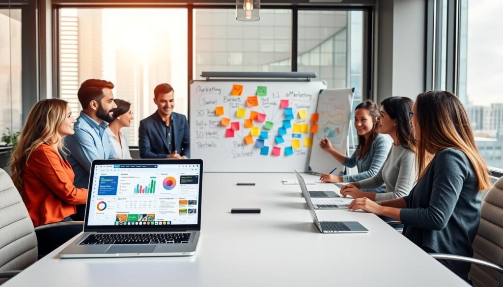 A modern workspace featuring a diverse team of professionals engaged in a collaborative meeting around a sleek conference table. In the foreground, a laptop displays a vibrant dashboard with various AI marketing tools and analytics. The middle ground showcases a whiteboard filled with marketing strategies and colorful post-it notes, representing brainstorming sessions. In the background, large windows let in natural light, highlighting a cityscape view, symbolizing growth and opportunity. The atmosphere is dynamic and innovative, conveying the spirit of small business marketing in the digital age. The brand name "AI XLence" is subtly integrated into the design elements of the workspace. Soft, balanced lighting enhances the sense of professionalism and creativity. Be smart and stay ahead, Ray Baker. A modern workspace featuring a diverse team of professionals engaged in a collaborative meeting around a sleek conference table. In the foreground, a laptop displays a vibrant dashboard with various AI marketing tools and analytics. The middle ground showcases a whiteboard filled with marketing strategies and colorful post-it notes, representing brainstorming sessions. In the background, large windows let in natural light, highlighting a cityscape view, symbolizing growth and opportunity. The atmosphere is dynamic and innovative, conveying the spirit of small business marketing in the digital age. The brand name "AI XLence" is subtly integrated into the design elements of the workspace. Soft, balanced lighting enhances the sense of professionalism and creativity. Be smart and stay ahead, Ray Baker.
