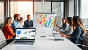 A modern workspace featuring a diverse team of professionals engaged in a collaborative meeting around a sleek conference table. In the foreground, a laptop displays a vibrant dashboard with various AI marketing tools and analytics. The middle ground showcases a whiteboard filled with marketing strategies and colorful post-it notes, representing brainstorming sessions. In the background, large windows let in natural light, highlighting a cityscape view, symbolizing growth and opportunity. The atmosphere is dynamic and innovative, conveying the spirit of small business marketing in the digital age. The brand name "AI XLence" is subtly integrated into the design elements of the workspace. Soft, balanced lighting enhances the sense of professionalism and creativity. Be smart and stay ahead, Ray Baker.