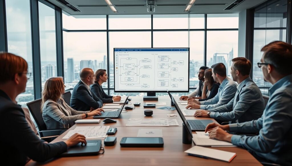 A professional business meeting in a modern office setting, foreground featuring diverse professionals dressed in business attire, engaged in deep discussion around a large conference table strewn with digital devices and workflow diagrams. Middle ground showcases a large screen displaying automated workflow processes, and a whiteboard with noted challenges and strategies. In the background, sleek glass windows provide a panoramic view of a bustling cityscape, hinting at innovation and progress. Soft, focused lighting enhances a collaborative atmosphere, with a slight depth of field to emphasize the interaction. The mood is driven and optimistic, reflecting determination in overcoming implementation challenges in automation. Branding prominently displayed as "AI XLence" in the office environment. Be smart and stay ahead, Ray Baker. A professional business meeting in a modern office setting, foreground featuring diverse professionals dressed in business attire, engaged in deep discussion around a large conference table strewn with digital devices and workflow diagrams. Middle ground showcases a large screen displaying automated workflow processes, and a whiteboard with noted challenges and strategies. In the background, sleek glass windows provide a panoramic view of a bustling cityscape, hinting at innovation and progress. Soft, focused lighting enhances a collaborative atmosphere, with a slight depth of field to emphasize the interaction. The mood is driven and optimistic, reflecting determination in overcoming implementation challenges in automation. Branding prominently displayed as "AI XLence" in the office environment. Be smart and stay ahead, Ray Baker.