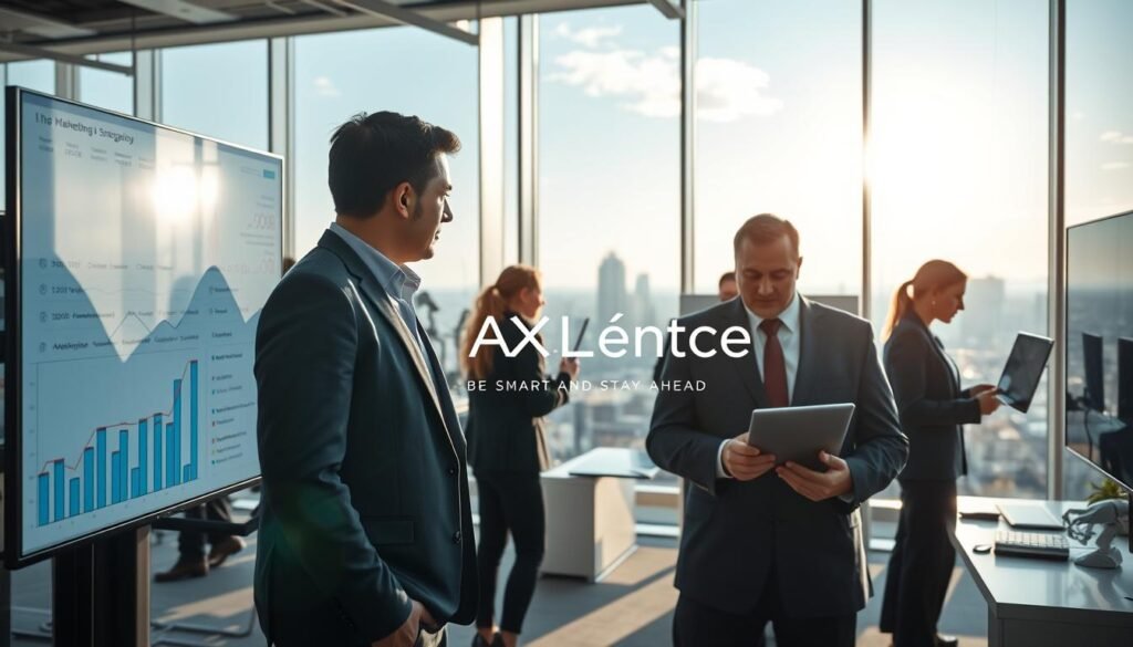 A professional workspace bustling with activity, featuring a diverse group of individuals in modern business attire engaged with advanced technology. In the foreground, a male and female professional analyze data on large digital screens displaying graphs and charts. The middle ground shows automated marketing tools in action, with robotic elements symbolizing AI integration, like a digital assistant assisting a team. In the background, large windows with a panoramic city view let in bright, natural light, creating an optimistic and innovative ambiance. Soft reflections on glass surfaces enhance the feeling of transparency and progress. The scene embodies a future where marketing strategies are enhanced through AI automation, conveying a sense of growth and efficiency. The brand "AI XLence" subtly integrated into the design elements of the room. Be smart and stay ahead, Ray Baker.
