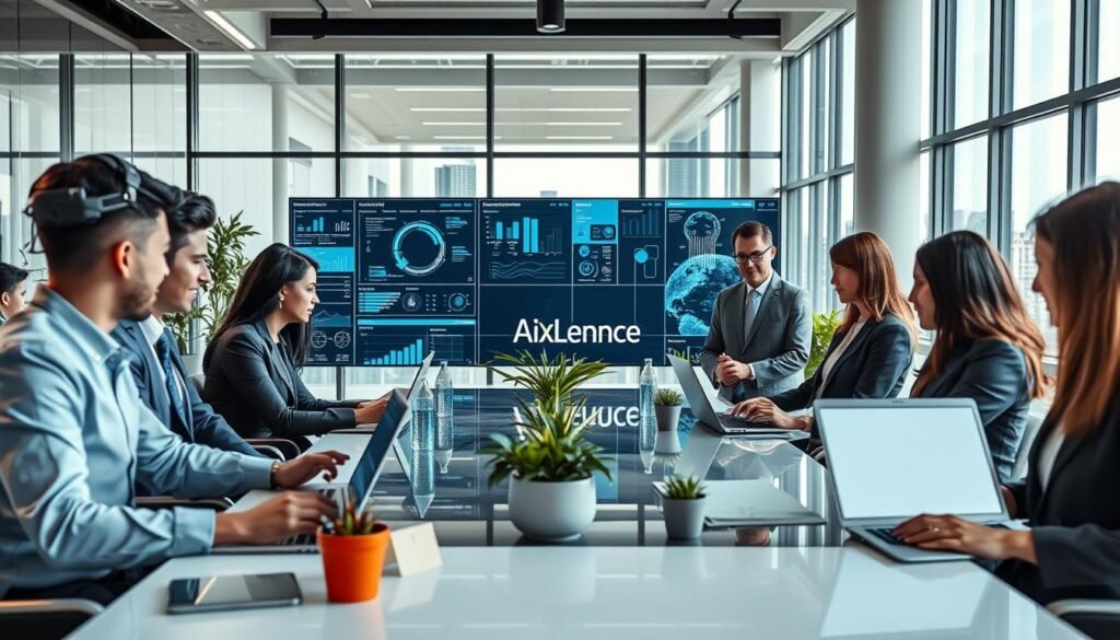 A sleek and modern workspace showcasing strategies for business scaling through AI automation. In the foreground, a diverse group of professionals in professional attire collaborate around a high-tech table, viewing interactive graphs and digital dashboards on their laptops. The middle section features futuristic screens displaying automated workflows and analytics, surrounded by plants adding a touch of greenery. In the background, large windows let in natural light, highlighting a city skyline, symbolizing growth and opportunities. The atmosphere is energetic yet focused, illustrating innovation and teamwork. The branding "AI XLence" is subtly featured on the digital screens, integrating seamlessly into the environment. The image should have bright, inviting lighting, capturing a sense of optimism about the future. Be smart and stay ahead, Ray Baker. A sleek and modern workspace showcasing strategies for business scaling through AI automation. In the foreground, a diverse group of professionals in professional attire collaborate around a high-tech table, viewing interactive graphs and digital dashboards on their laptops. The middle section features futuristic screens displaying automated workflows and analytics, surrounded by plants adding a touch of greenery. In the background, large windows let in natural light, highlighting a city skyline, symbolizing growth and opportunities. The atmosphere is energetic yet focused, illustrating innovation and teamwork. The branding "AI XLence" is subtly featured on the digital screens, integrating seamlessly into the environment. The image should have bright, inviting lighting, capturing a sense of optimism about the future. Be smart and stay ahead, Ray Baker.