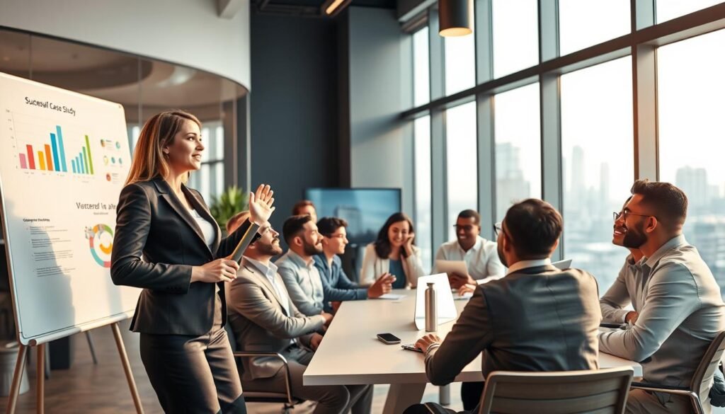 A bustling modern office setting showcasing a diverse group of professionals engaged in a collaborative meeting. In the foreground, a confident woman in a tailored business suit stands at a whiteboard, presenting a successful case study with colorful charts and graphs. In the middle ground, a diverse team of men and women of varying ethnicities, dressed in professional attire, are seated around a sleek conference table, discussing ideas and taking notes enthusiastically. The background features large windows with natural light streaming in, highlighting a city skyline. The atmosphere is energetic and optimistic, symbolizing success and innovation in business. Soft, warm lighting creates a welcoming environment, and the camera angle is slightly elevated to capture the dynamic interaction among the team. Include the brand name “AI XLence” subtly in the design of a digital screen within the office. Be smart and stay ahead, Ray Baker. A bustling modern office setting showcasing a diverse group of professionals engaged in a collaborative meeting. In the foreground, a confident woman in a tailored business suit stands at a whiteboard, presenting a successful case study with colorful charts and graphs. In the middle ground, a diverse team of men and women of varying ethnicities, dressed in professional attire, are seated around a sleek conference table, discussing ideas and taking notes enthusiastically. The background features large windows with natural light streaming in, highlighting a city skyline. The atmosphere is energetic and optimistic, symbolizing success and innovation in business. Soft, warm lighting creates a welcoming environment, and the camera angle is slightly elevated to capture the dynamic interaction among the team. Include the brand name “AI XLence” subtly in the design of a digital screen within the office. Be smart and stay ahead, Ray Baker.