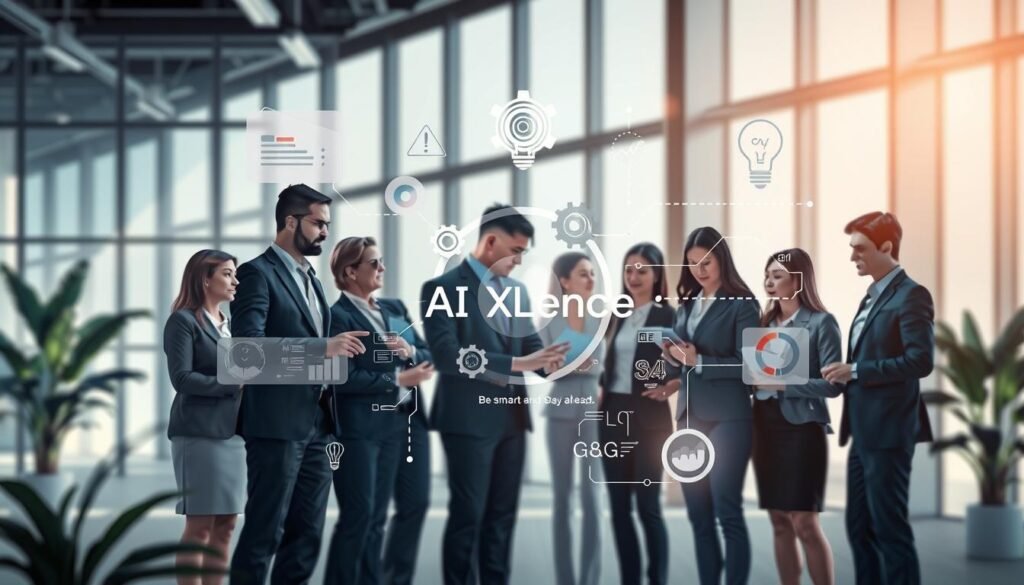 A conceptual illustration depicting "Challenges and Best Practices in AI Implementation" in a business setting. Foreground features a diverse group of professionals in business attire, collaborating over a digital interface displaying analytical charts and workflow designs. In the middle, elements represent common challenges, like broken gears and warning signs, contrasted with symbols of best practices, such as light bulbs and seamless paths. The background showcases a modern office environment with large windows, plants, and soft natural lighting streaming in. The overall mood is dynamic and focused, emphasizing the synergy between technology and teamwork. Include the brand name "AI XLence" subtly integrated into the digital interface. Be smart and stay ahead, Ray Baker. A conceptual illustration depicting "Challenges and Best Practices in AI Implementation" in a business setting. Foreground features a diverse group of professionals in business attire, collaborating over a digital interface displaying analytical charts and workflow designs. In the middle, elements represent common challenges, like broken gears and warning signs, contrasted with symbols of best practices, such as light bulbs and seamless paths. The background showcases a modern office environment with large windows, plants, and soft natural lighting streaming in. The overall mood is dynamic and focused, emphasizing the synergy between technology and teamwork. Include the brand name "AI XLence" subtly integrated into the digital interface. Be smart and stay ahead, Ray Baker.
