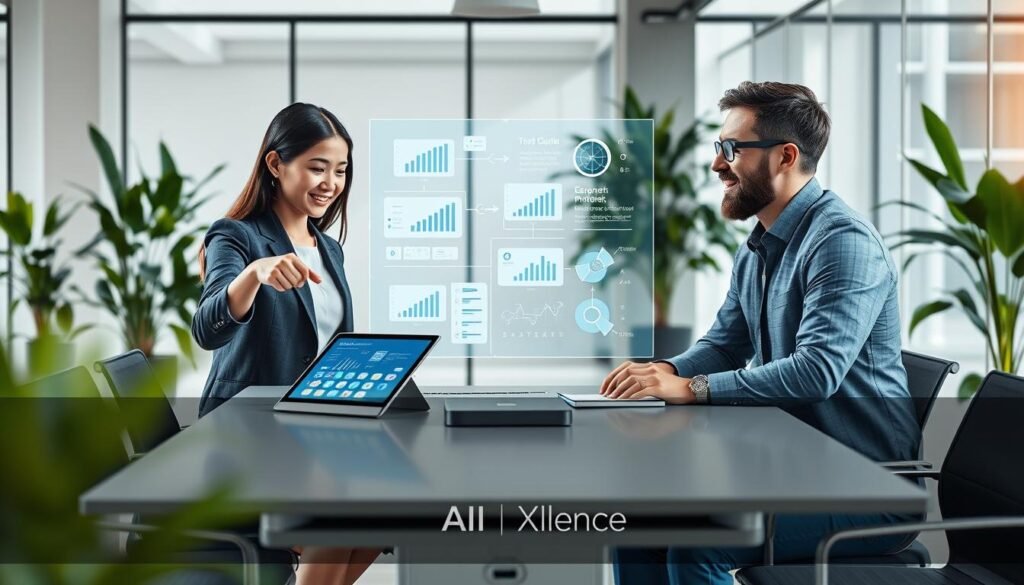 A contemporary office setting, showcasing a diverse group of three professionals engaged in a brainstorming session around a sleek conference table. In the foreground, a confident woman of Asian descent points at a digital tablet displaying graphs and AI interfaces, dressed in smart business attire. In the middle, a middle-aged Caucasian man interacts with a futuristic AI assistant hologram, projecting charts and suggestions for productivity solutions. The background features a modern office space with large windows, letting in natural light, and greenery to create a calm atmosphere. The color scheme is corporate yet inviting, with soft blues and whites. The overall mood conveys innovation, collaboration, and adaptability, reflecting the theme of using AI solutions to overcome business challenges. Include the brand name "AI XLence." Be smart and stay ahead, Ray Baker. A contemporary office setting, showcasing a diverse group of three professionals engaged in a brainstorming session around a sleek conference table. In the foreground, a confident woman of Asian descent points at a digital tablet displaying graphs and AI interfaces, dressed in smart business attire. In the middle, a middle-aged Caucasian man interacts with a futuristic AI assistant hologram, projecting charts and suggestions for productivity solutions. The background features a modern office space with large windows, letting in natural light, and greenery to create a calm atmosphere. The color scheme is corporate yet inviting, with soft blues and whites. The overall mood conveys innovation, collaboration, and adaptability, reflecting the theme of using AI solutions to overcome business challenges. Include the brand name "AI XLence." Be smart and stay ahead, Ray Baker.
