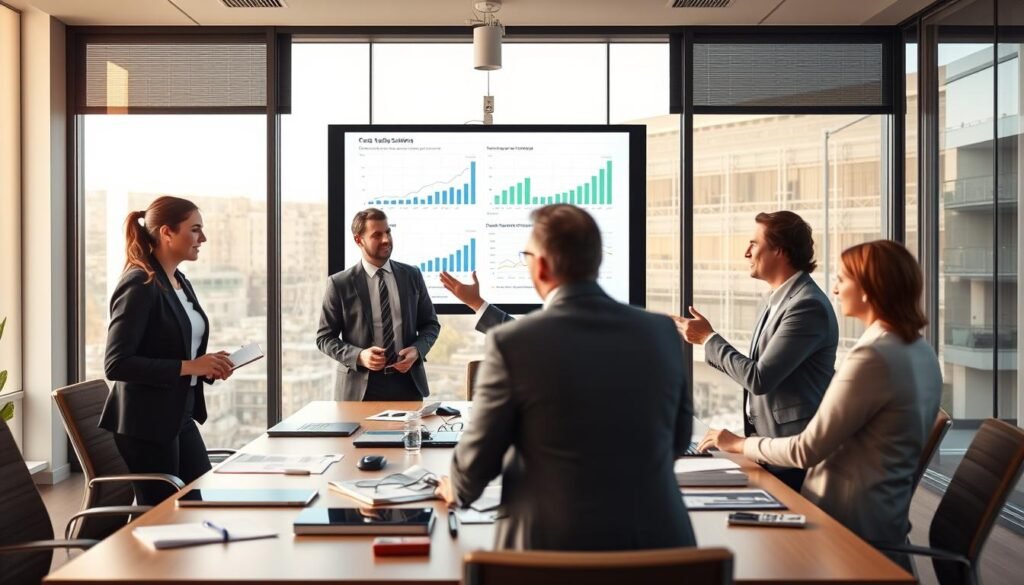 A dynamic office scene showcasing a diverse group of four professional consultants analyzing a large presentation screen displaying graphs and case studies. In the foreground, a confident female consultant in business attire takes notes, while a male consultant gestures animatedly, conveying excitement about the data. The middle ground features a modern conference table scattered with digital devices and documents. In the background, large windows allow soft, natural light to illuminate the room, enhancing a productive atmosphere. The mood is collaborative and energetic, symbolizing success and innovation in consulting. The image should reflect the theme "AI XLence" subtly within the design, without any text or overlays. Be smart and stay ahead, Ray Baker. A dynamic office scene showcasing a diverse group of four professional consultants analyzing a large presentation screen displaying graphs and case studies. In the foreground, a confident female consultant in business attire takes notes, while a male consultant gestures animatedly, conveying excitement about the data. The middle ground features a modern conference table scattered with digital devices and documents. In the background, large windows allow soft, natural light to illuminate the room, enhancing a productive atmosphere. The mood is collaborative and energetic, symbolizing success and innovation in consulting. The image should reflect the theme "AI XLence" subtly within the design, without any text or overlays. Be smart and stay ahead, Ray Baker.