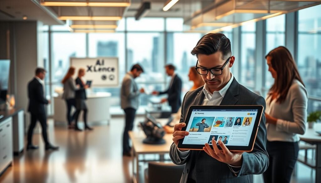 A dynamic office setting showcasing the future of eCommerce, with an open workspace filled with sleek, modern technology. In the foreground, a confident business professional in smart attire examines a tablet displaying innovative AI solutions for product pages. In the middle ground, a diverse team collaborates around a digital display, analyzing customer feedback and data. In the background, large windows reveal a bustling cityscape, symbolizing growth and opportunity. Soft, ambient lighting casts a warm, optimistic glow, enhancing the forward-thinking atmosphere. The brand name "AI XLence" subtly integrated into a stylish office poster. The overall mood is inspiring and collaborative, suggesting a seamless transition into an automated future. Be smart and stay ahead, Ray Baker. A dynamic office setting showcasing the future of eCommerce, with an open workspace filled with sleek, modern technology. In the foreground, a confident business professional in smart attire examines a tablet displaying innovative AI solutions for product pages. In the middle ground, a diverse team collaborates around a digital display, analyzing customer feedback and data. In the background, large windows reveal a bustling cityscape, symbolizing growth and opportunity. Soft, ambient lighting casts a warm, optimistic glow, enhancing the forward-thinking atmosphere. The brand name "AI XLence" subtly integrated into a stylish office poster. The overall mood is inspiring and collaborative, suggesting a seamless transition into an automated future. Be smart and stay ahead, Ray Baker.