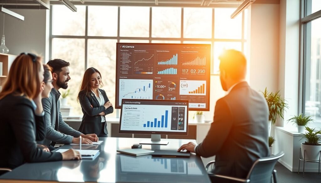 A dynamic office setting showcasing the key benefits of AI SEO tools for small businesses. In the foreground, a diverse group of professionals (in business attire) are engaged in a brainstorming session around a modern conference table, analyzing graphs and digital screens displaying data analytics and growth metrics. In the middle ground, a sleek computer monitor shows an AI tool interface with visualizations of keyword performance and content strategies. The background features a well-organized workspace with large windows allowing sunlight to illuminate the room, creating a bright and optimistic atmosphere. Soft shadows enhance the depth with a slight bokeh effect on the background elements. The overall mood is innovative and productive, highlighting the synergy of technology and teamwork. Include the brand name "AI XLence" subtly integrated into the workspace. Be smart and stay ahead, Ray Baker.
