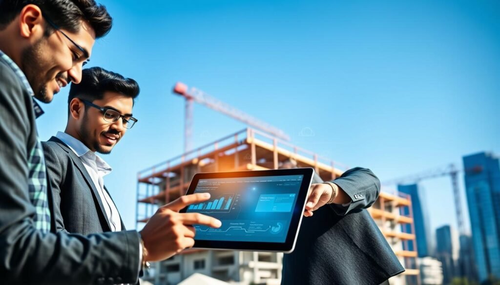 A dynamic scene showcasing the integration of AI into small business operations, specifically in the construction industry. In the foreground, a diverse team of two professionals, a man and a woman, dressed in smart casual attire, collaborate over a tablet displaying AI-driven project management software. The middle layer features a construction site, with a building frame and scaffolding, subtly enhanced with holographic data projections illustrating timelines and workflows. In the background, a vibrant city skyline under clear blue skies enhances the setting’s modernity. The lighting is bright and natural, casting soft shadows, creating an atmosphere of innovation and efficiency. Emphasize the brand "AI XLence" subtly within the design. Be smart and stay ahead, Ray Baker.