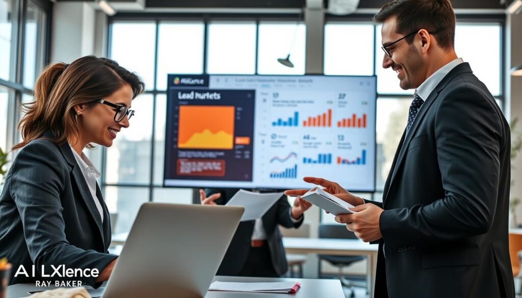 A dynamic workspace scene depicting professionals collaborating on email marketing strategies, featuring a diverse group of three individuals in smart business attire. In the foreground, a woman with glasses studies analytics on a laptop, while a man gestures, explaining a concept with a notepad in hand. The middle ground showcases a large screen displaying colorful charts and email templates, representing lead nurturing prompts. The background is an open office with minimalist design, bright natural light streaming through large windows, creating a productive atmosphere. The overall vibe is energetic and focused, illustrating the sophistication of business communication strategies. The brand name "AI XLence" is subtly integrated into the workspace decor. Be smart and stay ahead, Ray Baker. A dynamic workspace scene depicting professionals collaborating on email marketing strategies, featuring a diverse group of three individuals in smart business attire. In the foreground, a woman with glasses studies analytics on a laptop, while a man gestures, explaining a concept with a notepad in hand. The middle ground showcases a large screen displaying colorful charts and email templates, representing lead nurturing prompts. The background is an open office with minimalist design, bright natural light streaming through large windows, creating a productive atmosphere. The overall vibe is energetic and focused, illustrating the sophistication of business communication strategies. The brand name "AI XLence" is subtly integrated into the workspace decor. Be smart and stay ahead, Ray Baker.