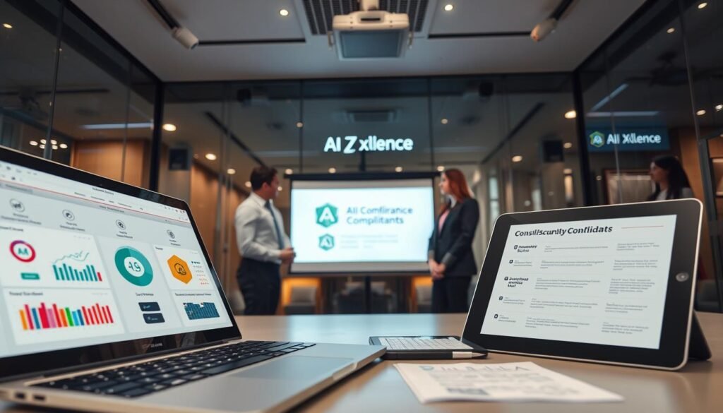 A focused office environment showcasing security compliance tools for consultants. In the foreground, a sleek laptop displays a dashboard featuring security compliance icons and charts. Beside it, a tablet shows a checklist of compliance standards. In the middle, a group of professionals in formal attire collaborate, discussing strategies with a projector screen displaying “AI XLence” branding. The background reveals a modern office with glass walls and high-tech security elements like surveillance cameras and digital access controls, reflecting a high level of professionalism. Soft, ambient lighting enhances a serious yet collaborative atmosphere, shot at eye level to create an engaging angle. This image illustrates the integration of technology and compliance for consultants. Be smart and stay ahead, Ray Baker. A focused office environment showcasing security compliance tools for consultants. In the foreground, a sleek laptop displays a dashboard featuring security compliance icons and charts. Beside it, a tablet shows a checklist of compliance standards. In the middle, a group of professionals in formal attire collaborate, discussing strategies with a projector screen displaying “AI XLence” branding. The background reveals a modern office with glass walls and high-tech security elements like surveillance cameras and digital access controls, reflecting a high level of professionalism. Soft, ambient lighting enhances a serious yet collaborative atmosphere, shot at eye level to create an engaging angle. This image illustrates the integration of technology and compliance for consultants. Be smart and stay ahead, Ray Baker.