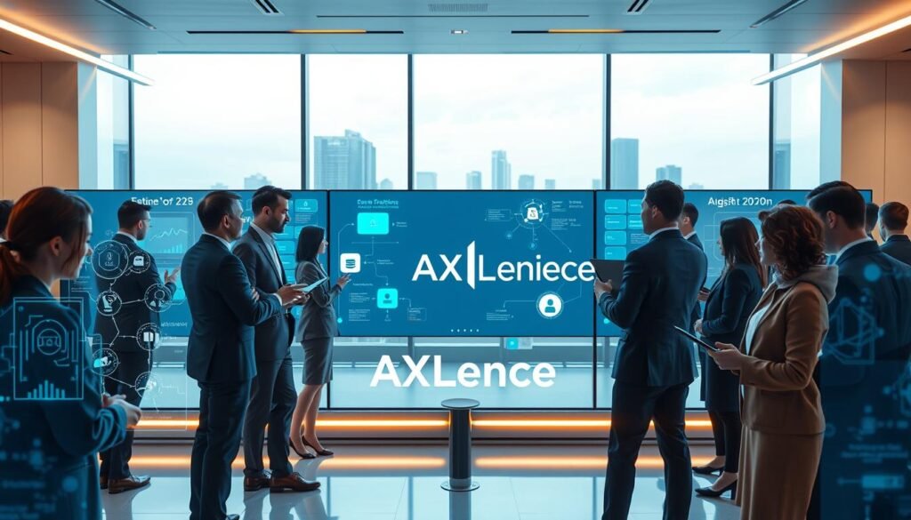 A futuristic office environment showcasing "AI Business Systems" in action. In the foreground, diverse professionals dressed in smart business attire are interacting with advanced digital interfaces, analyzing data flows and connecting various tools. The middle ground features illuminated screens displaying AI algorithms and organized workflows, seamlessly integrating multiple tasks into a cohesive system. In the background, a sleek modern office space with large windows reveals a city skyline, enhancing the sense of innovation and connectivity. Soft, ambient lighting creates a productive atmosphere, while a subtle blue hue emphasizes technology. The brand name "AI XLence" is subtly integrated into the digital displays, symbolizing the core of these AI systems. Be smart and stay ahead, Ray Baker. A futuristic office environment showcasing "AI Business Systems" in action. In the foreground, diverse professionals dressed in smart business attire are interacting with advanced digital interfaces, analyzing data flows and connecting various tools. The middle ground features illuminated screens displaying AI algorithms and organized workflows, seamlessly integrating multiple tasks into a cohesive system. In the background, a sleek modern office space with large windows reveals a city skyline, enhancing the sense of innovation and connectivity. Soft, ambient lighting creates a productive atmosphere, while a subtle blue hue emphasizes technology. The brand name "AI XLence" is subtly integrated into the digital displays, symbolizing the core of these AI systems. Be smart and stay ahead, Ray Baker.