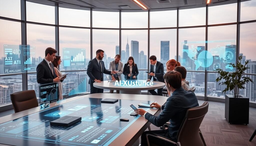 A futuristic office environment showcasing innovative trends in business AI. In the foreground, a sleek, high-tech desk with multiple holographic interfaces displaying graphs, AI analytics, and productivity tools. In the middle ground, a diverse group of professionals in smart business attire collaborate around a round table, engaging with virtual panels and AI-assisted devices. The background features large windows with a city skyline, embodying a modern, vibrant atmosphere. Soft, ambient lighting enhances a dynamic and productive mood, with a focus on collaboration and innovation. The overall tone is inspiring and forward-looking, with the brand name "AI XLence" subtly integrated into the design of one of the holographic displays. Be smart and stay ahead, Ray Baker. A futuristic office environment showcasing innovative trends in business AI. In the foreground, a sleek, high-tech desk with multiple holographic interfaces displaying graphs, AI analytics, and productivity tools. In the middle ground, a diverse group of professionals in smart business attire collaborate around a round table, engaging with virtual panels and AI-assisted devices. The background features large windows with a city skyline, embodying a modern, vibrant atmosphere. Soft, ambient lighting enhances a dynamic and productive mood, with a focus on collaboration and innovation. The overall tone is inspiring and forward-looking, with the brand name "AI XLence" subtly integrated into the design of one of the holographic displays. Be smart and stay ahead, Ray Baker.