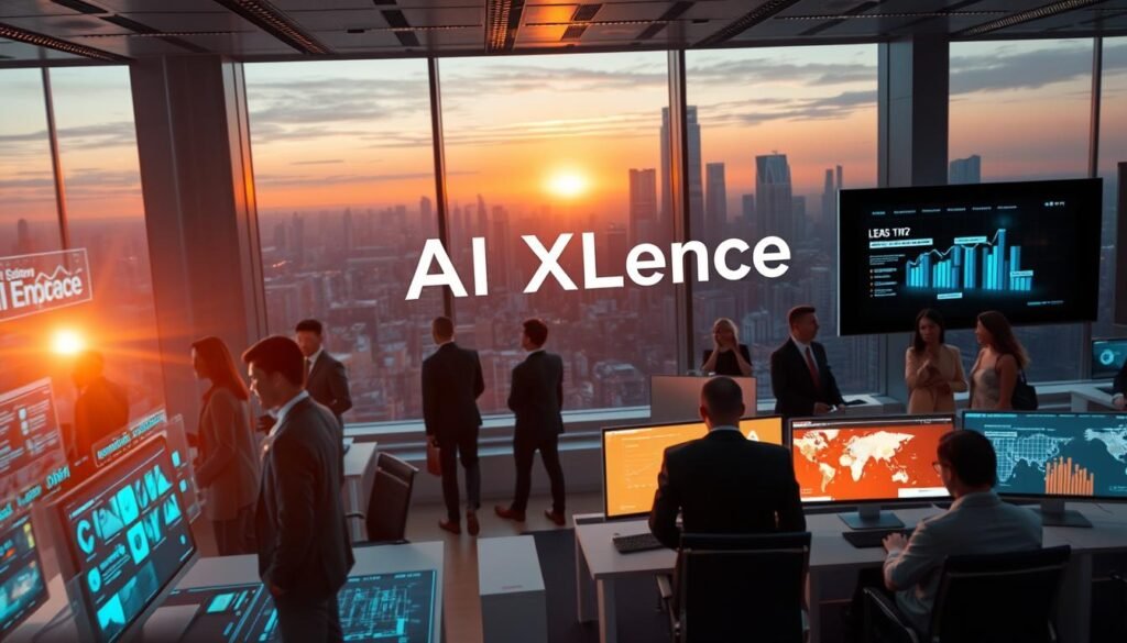 A futuristic office environment showcasing the innovations in AI lead generation. In the foreground, a diverse group of professionals dressed in smart business attire are engaged with advanced holographic interfaces displaying data and analytics related to lead generation. The middle ground features sleek, modern workstations with large digital screens, illustrating real-time AI algorithms at work, creating a dynamic atmosphere of productivity. In the background, large windows reveal a high-tech city skyline, bathed in warm, ambient light during sunset, casting a positive, optimistic glow over the scene. Emphasize a sense of collaboration and forward-thinking technology, highlighting the brand name “AI XLence” prominently within the environment. The mood should be inspiring and innovative, reflecting the transformative impact of AI on the future of business. Be smart and stay ahead, Ray Baker. A futuristic office environment showcasing the innovations in AI lead generation. In the foreground, a diverse group of professionals dressed in smart business attire are engaged with advanced holographic interfaces displaying data and analytics related to lead generation. The middle ground features sleek, modern workstations with large digital screens, illustrating real-time AI algorithms at work, creating a dynamic atmosphere of productivity. In the background, large windows reveal a high-tech city skyline, bathed in warm, ambient light during sunset, casting a positive, optimistic glow over the scene. Emphasize a sense of collaboration and forward-thinking technology, highlighting the brand name “AI XLence” prominently within the environment. The mood should be inspiring and innovative, reflecting the transformative impact of AI on the future of business. Be smart and stay ahead, Ray Baker.