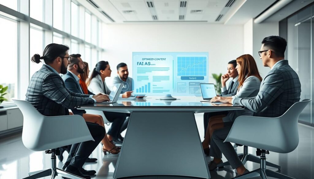A futuristic office setting focused on AI-driven content strategy for business optimization. In the foreground, a diverse group of professionals in business attire work collaboratively around a sleek, modern table, engaged in discussions while viewing digital screens displaying graphs, data analytics, and AI icons. The middle ground features holographic representations of website content, such as optimized FAQs and tailored offers, emanating from the table, symbolizing the integration of AI in strategy formation. The background showcases a bright, minimalist office with floor-to-ceiling windows letting in natural light, giving a sense of openness and innovation. The atmosphere is dynamic and forward-thinking, conveying a sense of progress and collaboration. Incorporate the brand name "AI XLence" subtly into the design elements. Be smart and stay ahead, Ray Baker.