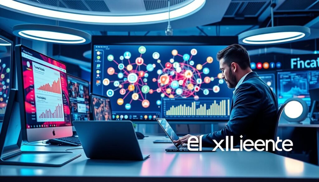 A futuristic office setting focused on digital trend monitoring, featuring a sleek desktop with the ContentStudio interface visibly displaying trending social media analytics. In the foreground, a professional in business attire is intently analyzing data on a laptop, surrounded by various digital devices showcasing graphs and charts. The middle section features a large screen with colorful visuals of social media icons interconnected, symbolizing trend analysis. In the background, there are stylized abstract representations of social media feeds and notifications. The lighting is bright and modern, creating an energetic atmosphere conducive to creativity and productivity. The angle captures both the user and the screens, emphasizing interaction with technology. The brand logo "AI XLence" subtly integrated into the visual theme. Be smart and stay ahead, Ray Baker. A futuristic office setting focused on digital trend monitoring, featuring a sleek desktop with the ContentStudio interface visibly displaying trending social media analytics. In the foreground, a professional in business attire is intently analyzing data on a laptop, surrounded by various digital devices showcasing graphs and charts. The middle section features a large screen with colorful visuals of social media icons interconnected, symbolizing trend analysis. In the background, there are stylized abstract representations of social media feeds and notifications. The lighting is bright and modern, creating an energetic atmosphere conducive to creativity and productivity. The angle captures both the user and the screens, emphasizing interaction with technology. The brand logo "AI XLence" subtly integrated into the visual theme. Be smart and stay ahead, Ray Baker.