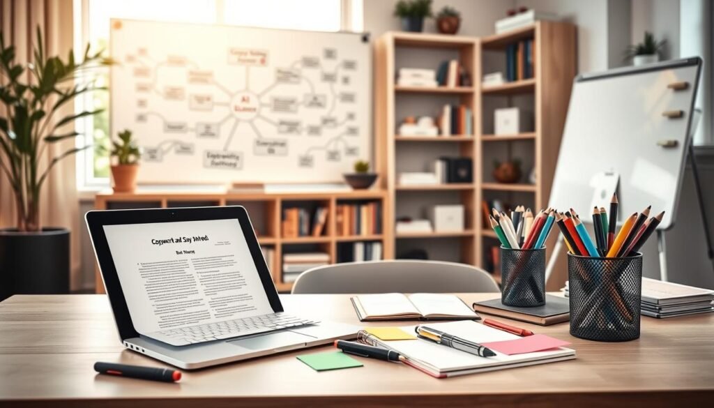 A modern and inviting workspace depicting essential copywriting tools for small businesses. In the foreground, a well-organized desk features a laptop with an open script, colorful sticky notes, and a sleek notebook labeled "AI XLence." A stylish pen rests beside a cup filled with pens and markers. In the middle ground, a contemporary whiteboard showcases mind maps and flowcharts related to copywriting strategies. The background includes a cozy bookshelf filled with business books and a plant for a touch of greenery. Soft, natural light filters through a large window, creating a warm and inspiring atmosphere. The overall mood is professional yet approachable, emphasizing creativity and productivity. Be smart and stay ahead, Ray Baker. A modern and inviting workspace depicting essential copywriting tools for small businesses. In the foreground, a well-organized desk features a laptop with an open script, colorful sticky notes, and a sleek notebook labeled "AI XLence." A stylish pen rests beside a cup filled with pens and markers. In the middle ground, a contemporary whiteboard showcases mind maps and flowcharts related to copywriting strategies. The background includes a cozy bookshelf filled with business books and a plant for a touch of greenery. Soft, natural light filters through a large window, creating a warm and inspiring atmosphere. The overall mood is professional yet approachable, emphasizing creativity and productivity. Be smart and stay ahead, Ray Baker.