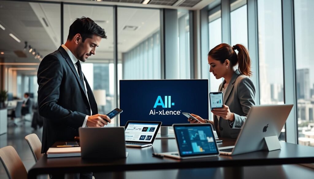 A modern and sleek workspace featuring an array of top AI tools for consultants, including stylish laptops, tablets, and smartphones displaying insightful data analytics, proposal templates, and efficient communication apps. In the foreground, a well-dressed consultant, a man in a tailored suit and a woman in a smart business outfit, are engaged in a focused discussion over digital devices, symbolizing collaboration and advanced technology. The middle ground showcases a desk organized with notebooks, pens, and a prominently displayed logo of "AI XLence" on a sleek monitor. In the background, a bright, inspiring office environment with large windows offering a view of a city skyline, infused with natural light, contributing to a productive atmosphere. Capture this scene with a soft, professional lighting using a 35mm lens for a sharp focus. Be smart and stay ahead, Ray Baker. A modern and sleek workspace featuring an array of top AI tools for consultants, including stylish laptops, tablets, and smartphones displaying insightful data analytics, proposal templates, and efficient communication apps. In the foreground, a well-dressed consultant, a man in a tailored suit and a woman in a smart business outfit, are engaged in a focused discussion over digital devices, symbolizing collaboration and advanced technology. The middle ground showcases a desk organized with notebooks, pens, and a prominently displayed logo of "AI XLence" on a sleek monitor. In the background, a bright, inspiring office environment with large windows offering a view of a city skyline, infused with natural light, contributing to a productive atmosphere. Capture this scene with a soft, professional lighting using a 35mm lens for a sharp focus. Be smart and stay ahead, Ray Baker.