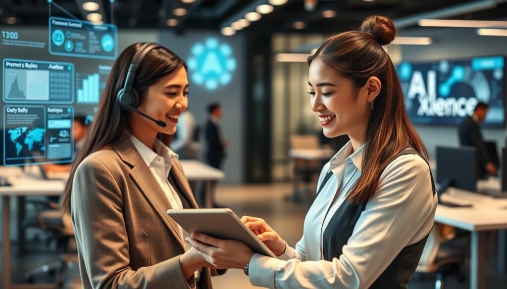 A modern customer service center showcasing the synergy of AI and human interaction. In the foreground, a smiling customer service representative in professional attire assists a customer via a sleek digital tablet, embodying efficiency and personal touch. The middle zone features advanced AI technology at work, with holographic data visuals displaying analytics and prompt replies, creating a sense of innovation. Background elements include a contemporary office space with streamlined workstations and engaging digital displays showcasing the brand "AI XLence". Soft, warm lighting enhances the welcoming atmosphere, while a slight depth of field highlights the interaction in the foreground, making it the focal point. The mood is positive and forward-thinking, reflecting a harmonious blend of human and AI capabilities to optimize customer satisfaction. Be smart and stay ahead, Ray Baker. A modern customer service center showcasing the synergy of AI and human interaction. In the foreground, a smiling customer service representative in professional attire assists a customer via a sleek digital tablet, embodying efficiency and personal touch. The middle zone features advanced AI technology at work, with holographic data visuals displaying analytics and prompt replies, creating a sense of innovation. Background elements include a contemporary office space with streamlined workstations and engaging digital displays showcasing the brand "AI XLence". Soft, warm lighting enhances the welcoming atmosphere, while a slight depth of field highlights the interaction in the foreground, making it the focal point. The mood is positive and forward-thinking, reflecting a harmonious blend of human and AI capabilities to optimize customer satisfaction. Be smart and stay ahead, Ray Baker.