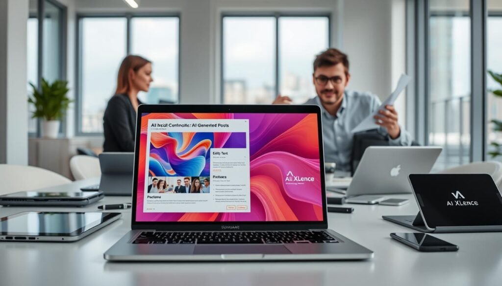 A modern digital workspace showcasing AI social media content creation tools. In the foreground, a sleek laptop displays a vibrant AI-generated post interface with colorful visuals and editable text fields, symbolizing creativity and innovation. Surrounding the laptop, professional tools like tablets and smart devices are arranged neatly, emphasizing technology’s role in marketing. In the middle ground, a confident digital marketer, dressed in professional attire, is engaged in brainstorming ideas, surrounded by notes and devices, reflecting collaboration. The background includes a bright office space with large windows, soft natural lighting illuminating the scene, creating a productive atmosphere. Subtle branding of "AI XLence" can be seen on the screen and devices, reinforcing innovation in content creation. Be smart and stay ahead, Ray Baker. A modern digital workspace showcasing AI social media content creation tools. In the foreground, a sleek laptop displays a vibrant AI-generated post interface with colorful visuals and editable text fields, symbolizing creativity and innovation. Surrounding the laptop, professional tools like tablets and smart devices are arranged neatly, emphasizing technology’s role in marketing. In the middle ground, a confident digital marketer, dressed in professional attire, is engaged in brainstorming ideas, surrounded by notes and devices, reflecting collaboration. The background includes a bright office space with large windows, soft natural lighting illuminating the scene, creating a productive atmosphere. Subtle branding of "AI XLence" can be seen on the screen and devices, reinforcing innovation in content creation. Be smart and stay ahead, Ray Baker.