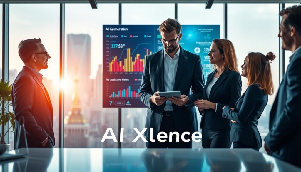 A modern office environment depicting the core concepts of AI lead generation. In the foreground, a diverse group of three professionals in business attire engage in animated discussion, reviewing digital marketing data on a sleek tablet. In the middle section, a large digital screen displays flowing graphs, AI algorithms, and lead scoring metrics, illuminated with vibrant colors. The background features futuristic cityscape windows with natural light spilling into the room, creating a bright and optimistic atmosphere. Soft focus on the edges enhances the central action. The overall mood is energetic and forward-thinking, highlighting innovation and collaboration in AI lead generation. Incorporate the logo of "AI XLence" subtly within the workspace. Be smart and stay ahead, Ray Baker. A modern office environment depicting the core concepts of AI lead generation. In the foreground, a diverse group of three professionals in business attire engage in animated discussion, reviewing digital marketing data on a sleek tablet. In the middle section, a large digital screen displays flowing graphs, AI algorithms, and lead scoring metrics, illuminated with vibrant colors. The background features futuristic cityscape windows with natural light spilling into the room, creating a bright and optimistic atmosphere. Soft focus on the edges enhances the central action. The overall mood is energetic and forward-thinking, highlighting innovation and collaboration in AI lead generation. Incorporate the logo of "AI XLence" subtly within the workspace. Be smart and stay ahead, Ray Baker.