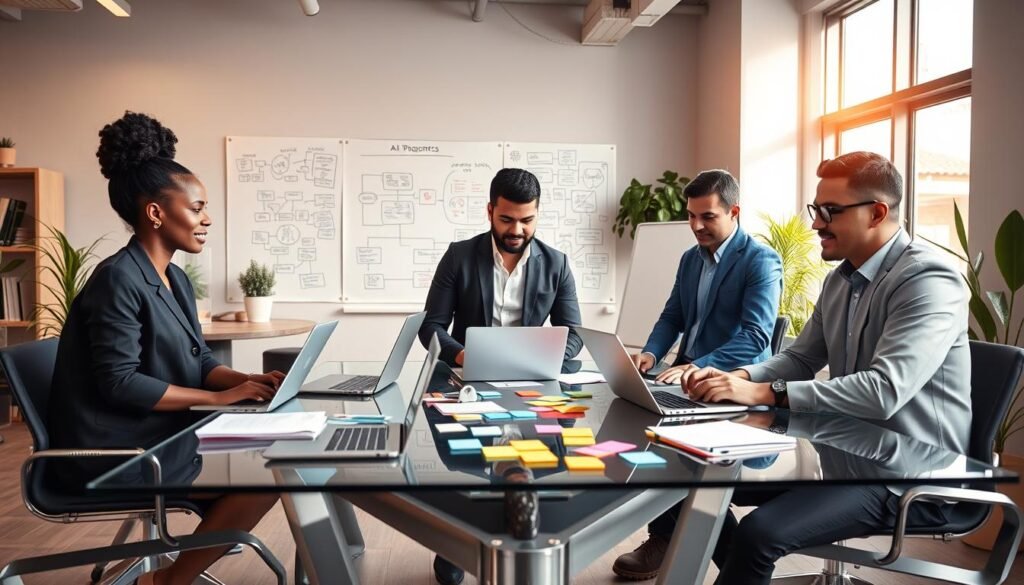A modern office environment filled with diverse professionals brainstorming innovative business ideas. In the foreground, a group of three individuals—one Black woman, one Hispanic man, and one White man—are collaborating around a sleek glass table scattered with laptops, notepads, and colorful sticky notes. They are dressed in smart casual business attire. In the middle, a large whiteboard displays mind maps and diagrams related to AI prompts for business. The background features a large window with natural light streaming in, illuminating the creative space filled with plants and contemporary decor. The mood is focused and dynamic, capturing an atmosphere of collaboration and ingenuity. Shot from a slightly elevated angle, the image should seem vibrant and engaging. Brand name "AI XLence" subtly integrated in the design elements. Be smart and stay ahead, Ray Baker. A modern office environment filled with diverse professionals brainstorming innovative business ideas. In the foreground, a group of three individuals—one Black woman, one Hispanic man, and one White man—are collaborating around a sleek glass table scattered with laptops, notepads, and colorful sticky notes. They are dressed in smart casual business attire. In the middle, a large whiteboard displays mind maps and diagrams related to AI prompts for business. The background features a large window with natural light streaming in, illuminating the creative space filled with plants and contemporary decor. The mood is focused and dynamic, capturing an atmosphere of collaboration and ingenuity. Shot from a slightly elevated angle, the image should seem vibrant and engaging. Brand name "AI XLence" subtly integrated in the design elements. Be smart and stay ahead, Ray Baker.