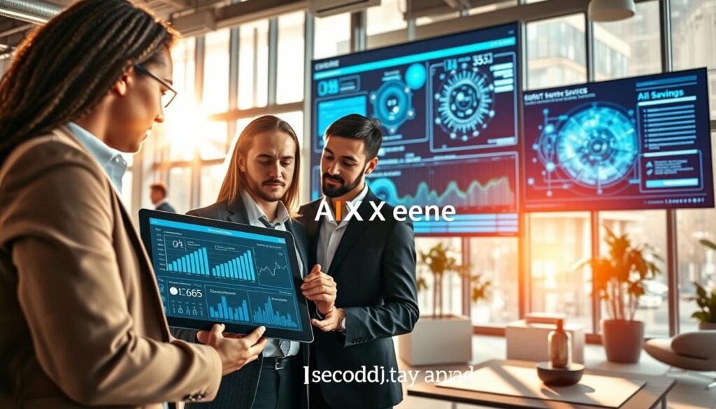 A modern office environment filled with diverse professionals collaborating to optimize costs and administrative efficiency using AI technology. In the foreground, a group of three individuals in professional business attire are engaged in a focused discussion over a digital tablet displaying analytical data and graphs related to cost savings. The middle layer showcases a large screen in the background showing dynamic AI algorithms and visualizations. Sunlight floods in through large windows, casting a warm glow in the room, enhancing a productive atmosphere. You can see modern furnishings and a clean workspace that exudes innovation. The overall mood is one of determination and futuristic optimism. Logo “AI XLence” subtly incorporated in the design elements. Be smart and stay ahead, Ray Baker. A modern office environment filled with diverse professionals collaborating to optimize costs and administrative efficiency using AI technology. In the foreground, a group of three individuals in professional business attire are engaged in a focused discussion over a digital tablet displaying analytical data and graphs related to cost savings. The middle layer showcases a large screen in the background showing dynamic AI algorithms and visualizations. Sunlight floods in through large windows, casting a warm glow in the room, enhancing a productive atmosphere. You can see modern furnishings and a clean workspace that exudes innovation. The overall mood is one of determination and futuristic optimism. Logo “AI XLence” subtly incorporated in the design elements. Be smart and stay ahead, Ray Baker.