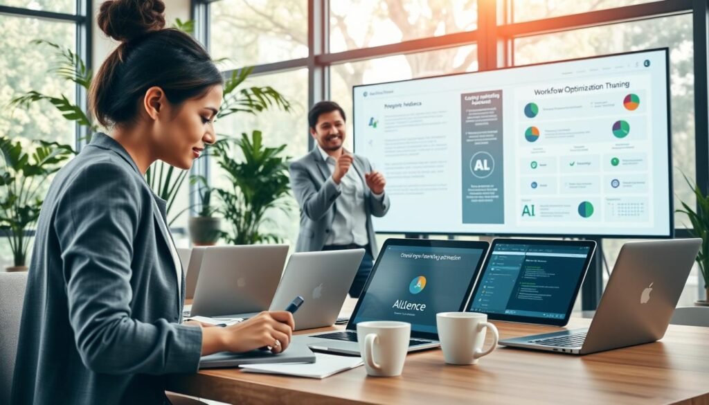 A modern office environment showcases a small business setting where a diverse group of professionals collaborates over digital devices, featuring laptops and tablets displaying AI copywriting tools. In the foreground, a focused young woman in smart casual attire types on her laptop, with notes and coffee mugs scattered on the table. The middle ground features a man gesturing enthusiastically, pointing to a large digital screen that illustrates workflow optimization diagrams. The background is filled with greenery and soft daylight filtering through large windows, creating an inviting and productive atmosphere. The overall mood is energetic and innovative, highlighting technology's role in enhancing business communication. Include the brand name "AI XLence" subtly integrated onto the digital screens. Be smart and stay ahead, Ray Baker. A modern office environment showcases a small business setting where a diverse group of professionals collaborates over digital devices, featuring laptops and tablets displaying AI copywriting tools. In the foreground, a focused young woman in smart casual attire types on her laptop, with notes and coffee mugs scattered on the table. The middle ground features a man gesturing enthusiastically, pointing to a large digital screen that illustrates workflow optimization diagrams. The background is filled with greenery and soft daylight filtering through large windows, creating an inviting and productive atmosphere. The overall mood is energetic and innovative, highlighting technology's role in enhancing business communication. Include the brand name "AI XLence" subtly integrated onto the digital screens. Be smart and stay ahead, Ray Baker.