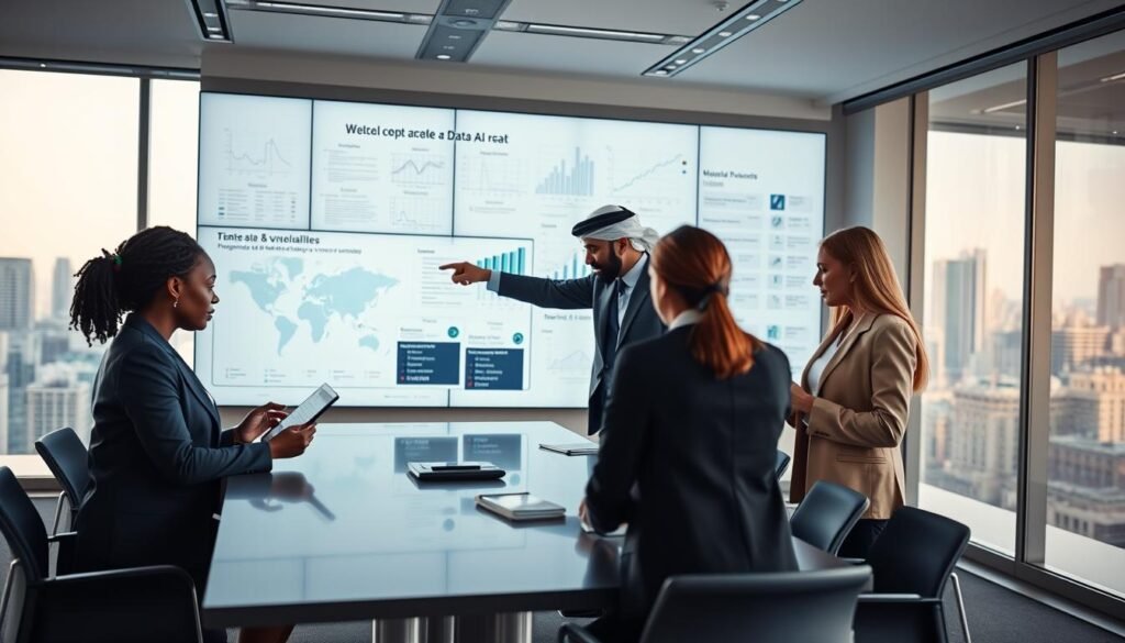 A modern office environment showcases professionals in business attire collaborating around a sleek conference table. In the foreground, a diverse team of three people - a Black woman analyzing data on a tablet, a Middle-Eastern man pointing at a digital map on a large screen, and a Caucasian woman taking notes - embody teamwork in tackling data and model vulnerabilities. The middle ground features a large wall display filled with diagrams of AI risks, depicting graphs and charts that symbolize data integrity. In the background, large windows reveal a city skyline, with soft natural light illuminating the room, creating an atmosphere of focused innovation and safety in technology. The brand name "AI XLence" is subtly referenced in a corner of the wall display. Be smart and stay ahead, Ray Baker.