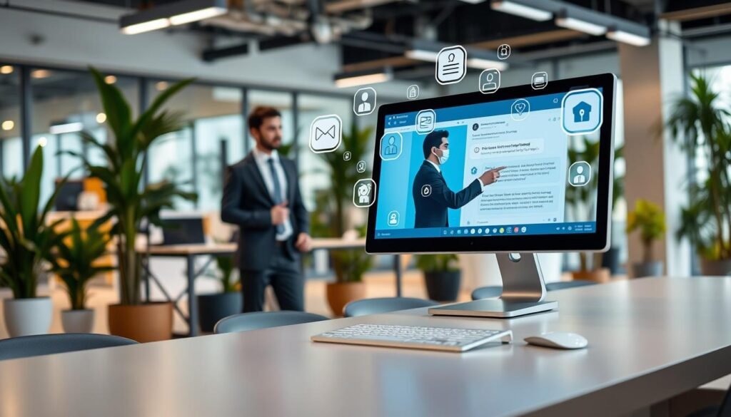 A modern office environment showcasing AI-driven customer service optimization with chatbots. In the foreground, a sleek desktop featuring a chatbot interface on the screen. A professional business person in smart attire interacts with the computer, demonstrating user engagement. In the middle ground, icons representing various customer queries and support features float around, symbolizing efficiency and automation. The background shows a bright, open workspace filled with plants, soft lighting creating an inviting atmosphere. The overall mood is innovative and forward-thinking, suggesting a seamless integration of technology in customer service. The brand name "AI XLence" should be subtly integrated into the design elements. Be smart and stay ahead, Ray Baker. A modern office environment showcasing AI-driven customer service optimization with chatbots. In the foreground, a sleek desktop featuring a chatbot interface on the screen. A professional business person in smart attire interacts with the computer, demonstrating user engagement. In the middle ground, icons representing various customer queries and support features float around, symbolizing efficiency and automation. The background shows a bright, open workspace filled with plants, soft lighting creating an inviting atmosphere. The overall mood is innovative and forward-thinking, suggesting a seamless integration of technology in customer service. The brand name "AI XLence" should be subtly integrated into the design elements. Be smart and stay ahead, Ray Baker.