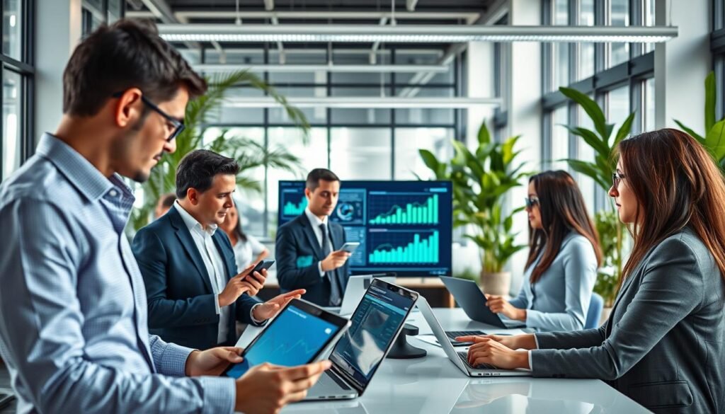 A modern office environment showcasing a busy local business owner and a professional team collaborating with AI technology. In the foreground, a diverse group of individuals in professional business attire, actively discussing data insights from laptops and tablets. The middle ground features sleek screens displaying AI analytics and graphs, illustrating efficiency and performance. The background presents a bright, open workspace filled with green plants, large windows, and natural light, creating a vibrant and productive atmosphere. The color palette incorporates blues and greens to convey innovation and growth. The overall mood is optimistic and forward-looking, representing the potential of AI in maximizing business efficiency. Subtle branding for "AI XLence" can be integrated into the screens displayed. Be smart and stay ahead, Ray Baker. A modern office environment showcasing a busy local business owner and a professional team collaborating with AI technology. In the foreground, a diverse group of individuals in professional business attire, actively discussing data insights from laptops and tablets. The middle ground features sleek screens displaying AI analytics and graphs, illustrating efficiency and performance. The background presents a bright, open workspace filled with green plants, large windows, and natural light, creating a vibrant and productive atmosphere. The color palette incorporates blues and greens to convey innovation and growth. The overall mood is optimistic and forward-looking, representing the potential of AI in maximizing business efficiency. Subtle branding for "AI XLence" can be integrated into the screens displayed. Be smart and stay ahead, Ray Baker.