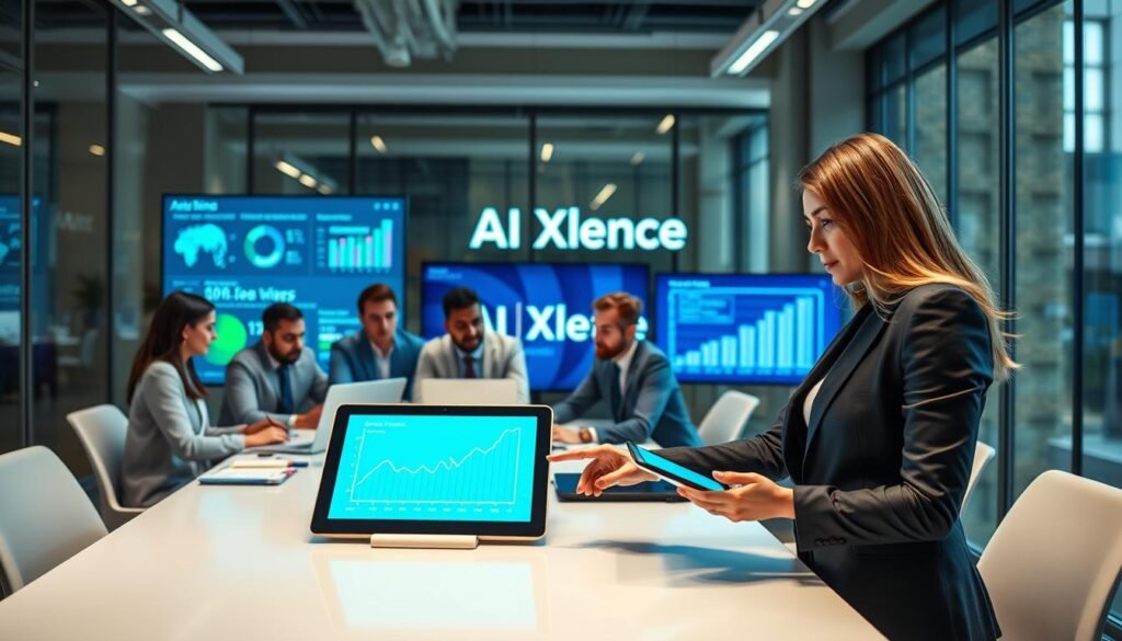 A modern office environment showcasing a diverse group of professionals brainstorming around a sleek table, surrounded by digital screens displaying analytics and AI-generated content. In the foreground, a confident woman in professional attire points to a vibrant graph on a tablet, signifying marketing transformation. The middle ground features men and women collaborating, with notes and laptops open, illustrating teamwork in content creation. In the background, large windows allow natural light to flood the space, enhancing the atmosphere of innovation and creativity. The color palette is bright and inviting, with blues and greens promoting a sense of forward-thinking. The brand name “AI XLence” subtly integrated into the digital displays. Be smart and stay ahead, Ray Baker. A modern office environment showcasing a diverse group of professionals brainstorming around a sleek table, surrounded by digital screens displaying analytics and AI-generated content. In the foreground, a confident woman in professional attire points to a vibrant graph on a tablet, signifying marketing transformation. The middle ground features men and women collaborating, with notes and laptops open, illustrating teamwork in content creation. In the background, large windows allow natural light to flood the space, enhancing the atmosphere of innovation and creativity. The color palette is bright and inviting, with blues and greens promoting a sense of forward-thinking. The brand name “AI XLence” subtly integrated into the digital displays. Be smart and stay ahead, Ray Baker.