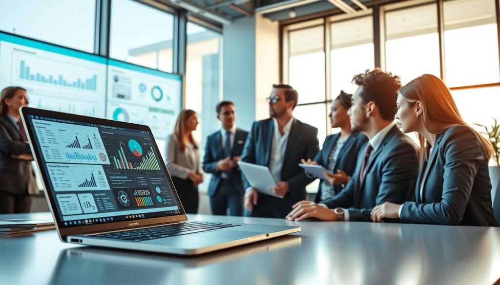 A modern office environment showcasing a team of diverse professionals in business attire collaborating on proposal generation using advanced AI tools. In the foreground, a sleek laptop displays an intuitive AI interface filled with graphs and visual data. The middle ground features a focused group discussing strategies, surrounded by digital displays showing optimized proposals and workflow diagrams. In the background, large windows allow soft, natural light to fill the space, enhancing the atmosphere of productivity and innovation. The color palette consists of blues and greens, reflecting a tech-savvy vibe. Overall, the scene conveys an energetic yet professional mood, emphasizing efficiency and collaboration. Incorporate the "AI XLence" logo subtly in the workspace. Be smart and stay ahead, Ray Baker.