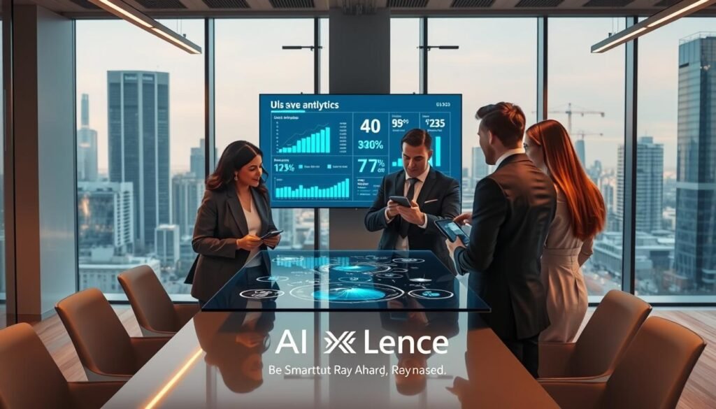 A modern office environment showcasing an interactive decision-making process. In the foreground, a diverse group of professionals in business attire are engaged around a sleek table with digital devices, analyzing charts and graphs on a holographic display. The middle ground features a large screen displaying real-time analytics and cost-saving metrics, symbolizing operational efficiency. The background includes large windows with a cityscape view, suggesting a bright, bustling atmosphere, illuminated by warm, natural light. The overall mood is focused and optimistic, highlighting collaboration and innovation in a tech-enabled workspace. The brand "AI XLence" is subtly integrated into the design elements of the office. Be smart and stay ahead, Ray Baker. A modern office environment showcasing an interactive decision-making process. In the foreground, a diverse group of professionals in business attire are engaged around a sleek table with digital devices, analyzing charts and graphs on a holographic display. The middle ground features a large screen displaying real-time analytics and cost-saving metrics, symbolizing operational efficiency. The background includes large windows with a cityscape view, suggesting a bright, bustling atmosphere, illuminated by warm, natural light. The overall mood is focused and optimistic, highlighting collaboration and innovation in a tech-enabled workspace. The brand "AI XLence" is subtly integrated into the design elements of the office. Be smart and stay ahead, Ray Baker.