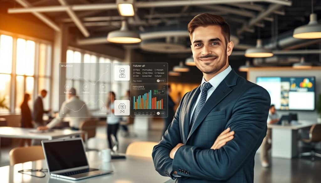 A modern office environment showcasing 'AI XLence' solutions for sales follow-up. In the foreground, a confident business professional in smart attire interacts with a digital interface displaying analytics and automated follow-up messages. The middle ground features a sleek workstation with a laptop, glowing screens with vibrant graphs, and AI chatbot visuals. In the background, a bright, airy office space filled with people engaged in discussions, highlighting collaboration and innovation. Warm, natural lighting filters through large windows, creating an inviting atmosphere. The composition captures a sense of progress, technology, and professionalism, emphasizing the role of AI in enhancing sales strategies. Be smart and stay ahead, Ray Baker. A modern office environment showcasing 'AI XLence' solutions for sales follow-up. In the foreground, a confident business professional in smart attire interacts with a digital interface displaying analytics and automated follow-up messages. The middle ground features a sleek workstation with a laptop, glowing screens with vibrant graphs, and AI chatbot visuals. In the background, a bright, airy office space filled with people engaged in discussions, highlighting collaboration and innovation. Warm, natural lighting filters through large windows, creating an inviting atmosphere. The composition captures a sense of progress, technology, and professionalism, emphasizing the role of AI in enhancing sales strategies. Be smart and stay ahead, Ray Baker.