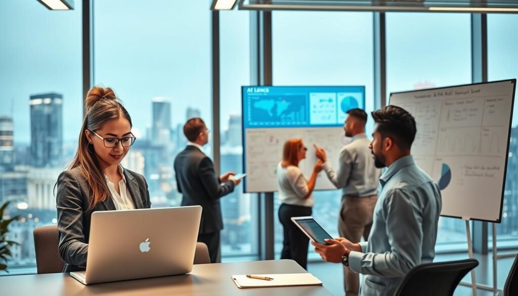 A modern office environment showcasing diverse professionals in business attire, engaged with various AI productivity tools. In the foreground, a confident woman analyzes data on a sleek laptop, while a man uses a digital tablet, displaying engaging graphs. In the middle, a collaborative workspace features interactive screens displaying AI software dashboards, with team members brainstorming ideas on a whiteboard filled with notes. The background captures a vibrant cityscape through large windows, illuminated by natural light. The atmosphere is dynamic, emphasizing innovation and teamwork, enhanced by soft lighting and a clean, contemporary design. Include a subtle logo for "AI XLence" on one of the devices, reinforcing the use of AI tools in productivity. Be smart and stay ahead, Ray Baker. A modern office environment showcasing diverse professionals in business attire, engaged with various AI productivity tools. In the foreground, a confident woman analyzes data on a sleek laptop, while a man uses a digital tablet, displaying engaging graphs. In the middle, a collaborative workspace features interactive screens displaying AI software dashboards, with team members brainstorming ideas on a whiteboard filled with notes. The background captures a vibrant cityscape through large windows, illuminated by natural light. The atmosphere is dynamic, emphasizing innovation and teamwork, enhanced by soft lighting and a clean, contemporary design. Include a subtle logo for "AI XLence" on one of the devices, reinforcing the use of AI tools in productivity. Be smart and stay ahead, Ray Baker.