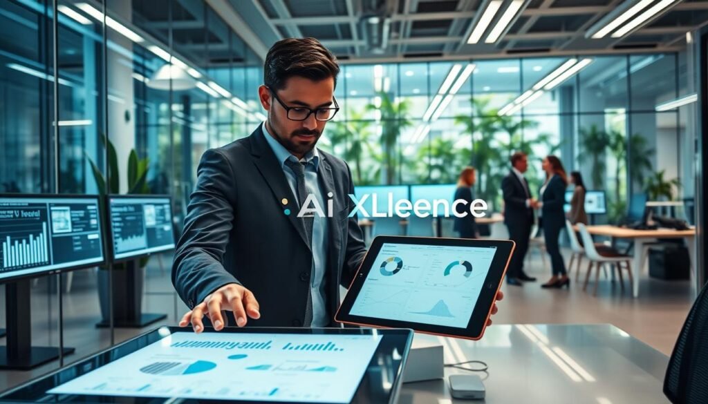 A modern office environment showcasing streamlined workflow and business efficiency. In the foreground, a diverse group of three professionals in smart business attire collaborate over a sleek digital tablet displaying automated flowcharts. The middle layer features a high-tech workstation with multiple screens showing graphs and charts, illuminated by soft, diffused lighting, emphasizing productivity. In the background, a glass-walled conference room with a team in discussion, surrounded by greenery, blends nature with technology. The atmosphere is bright and motivating, symbolizing innovation and teamwork. Use a wide-angle lens for an expansive view, capturing the essence of automation within a bustling corporate setting. Include the brand name "AI XLence" subtly integrated into the workspace. Be smart and stay ahead, Ray Baker. A modern office environment showcasing streamlined workflow and business efficiency. In the foreground, a diverse group of three professionals in smart business attire collaborate over a sleek digital tablet displaying automated flowcharts. The middle layer features a high-tech workstation with multiple screens showing graphs and charts, illuminated by soft, diffused lighting, emphasizing productivity. In the background, a glass-walled conference room with a team in discussion, surrounded by greenery, blends nature with technology. The atmosphere is bright and motivating, symbolizing innovation and teamwork. Use a wide-angle lens for an expansive view, capturing the essence of automation within a bustling corporate setting. Include the brand name "AI XLence" subtly integrated into the workspace. Be smart and stay ahead, Ray Baker.