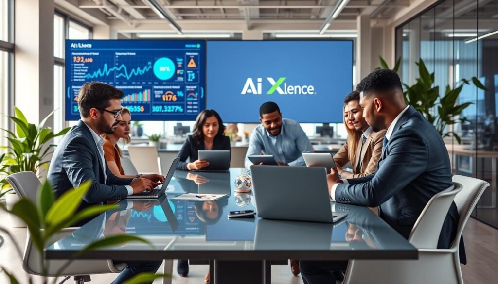 A modern office environment showcasing successful AI lead generation in action. In the foreground, a diverse group of professionals in business attire engage around a high-tech conference table, analyzing data on sleek laptops and tablets. In the middle ground, a large digital screen displays dynamic graphs and customer engagement metrics, reflecting the impact of AI technology. The background features an open office layout with green plants and glass walls, creating a spacious, collaborative atmosphere. Soft, natural lighting filters in through large windows, enhancing the vibrant colors of the workspace. The mood is focused and energetic, emphasizing innovation and teamwork. A subtle logo for "AI XLence" is visible on the digital screen. Be smart and stay ahead, Ray Baker. A modern office environment showcasing successful AI lead generation in action. In the foreground, a diverse group of professionals in business attire engage around a high-tech conference table, analyzing data on sleek laptops and tablets. In the middle ground, a large digital screen displays dynamic graphs and customer engagement metrics, reflecting the impact of AI technology. The background features an open office layout with green plants and glass walls, creating a spacious, collaborative atmosphere. Soft, natural lighting filters in through large windows, enhancing the vibrant colors of the workspace. The mood is focused and energetic, emphasizing innovation and teamwork. A subtle logo for "AI XLence" is visible on the digital screen. Be smart and stay ahead, Ray Baker.
