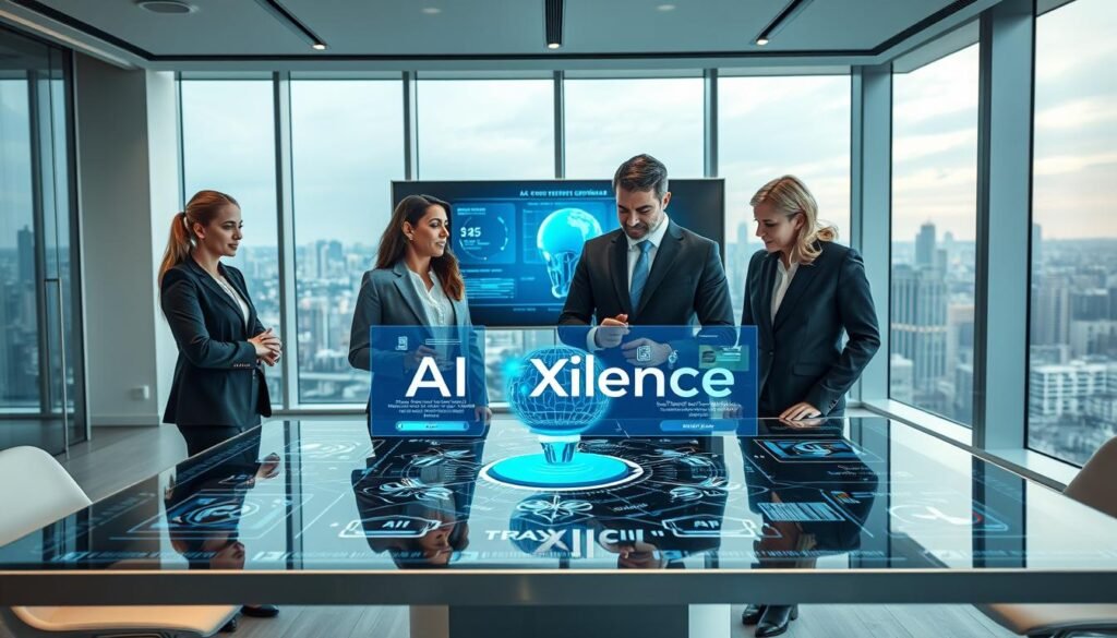 A modern office environment showcasing the concept of "AI customer experience enhancement." In the foreground, a diverse team of three professionals dressed in smart business attire collaborates around a sleek, high-tech table with holographic displays and digital interfaces illustrating AI-driven customer interactions. In the middle ground, a large screen shows an AI system analyzing customer feedback and response times, symbolizing efficiency and quick replies. The background features a panoramic window overlooking a vibrant cityscape, symbolizing growth and innovation. Soft, focused lighting highlights the professionals, creating a collaborative and optimistic atmosphere. The brand name "AI XLence" is subtly integrated into the digital displays. Be smart and stay ahead, Ray Baker. A modern office environment showcasing the concept of "AI customer experience enhancement." In the foreground, a diverse team of three professionals dressed in smart business attire collaborates around a sleek, high-tech table with holographic displays and digital interfaces illustrating AI-driven customer interactions. In the middle ground, a large screen shows an AI system analyzing customer feedback and response times, symbolizing efficiency and quick replies. The background features a panoramic window overlooking a vibrant cityscape, symbolizing growth and innovation. Soft, focused lighting highlights the professionals, creating a collaborative and optimistic atmosphere. The brand name "AI XLence" is subtly integrated into the digital displays. Be smart and stay ahead, Ray Baker.