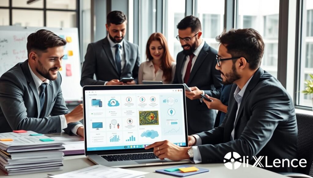 A modern office environment where a diverse group of professionals in business attire are engaged in choosing AI tools for workflow improvement. In the foreground, a man and a woman examine a laptop screen displaying various software options, while two colleagues discuss nearby, holding digital tablets. The middle ground showcases a collaborative workspace with neatly stacked documents, whiteboards filled with brainstorming notes, and colorful sticky notes. The background features large windows allowing natural light to stream in, infusing the scene with a bright and positive atmosphere. The overall mood is one of focused collaboration and innovation, highlighting the concept of strategic decision-making in business. Capture this dynamic scene in a slightly elevated angle, emphasizing depth and clarity. Include branding elements that subtly incorporate the logo of "AI XLence". Be smart and stay ahead, Ray Baker. A modern office environment where a diverse group of professionals in business attire are engaged in choosing AI tools for workflow improvement. In the foreground, a man and a woman examine a laptop screen displaying various software options, while two colleagues discuss nearby, holding digital tablets. The middle ground showcases a collaborative workspace with neatly stacked documents, whiteboards filled with brainstorming notes, and colorful sticky notes. The background features large windows allowing natural light to stream in, infusing the scene with a bright and positive atmosphere. The overall mood is one of focused collaboration and innovation, highlighting the concept of strategic decision-making in business. Capture this dynamic scene in a slightly elevated angle, emphasizing depth and clarity. Include branding elements that subtly incorporate the logo of "AI XLence". Be smart and stay ahead, Ray Baker.