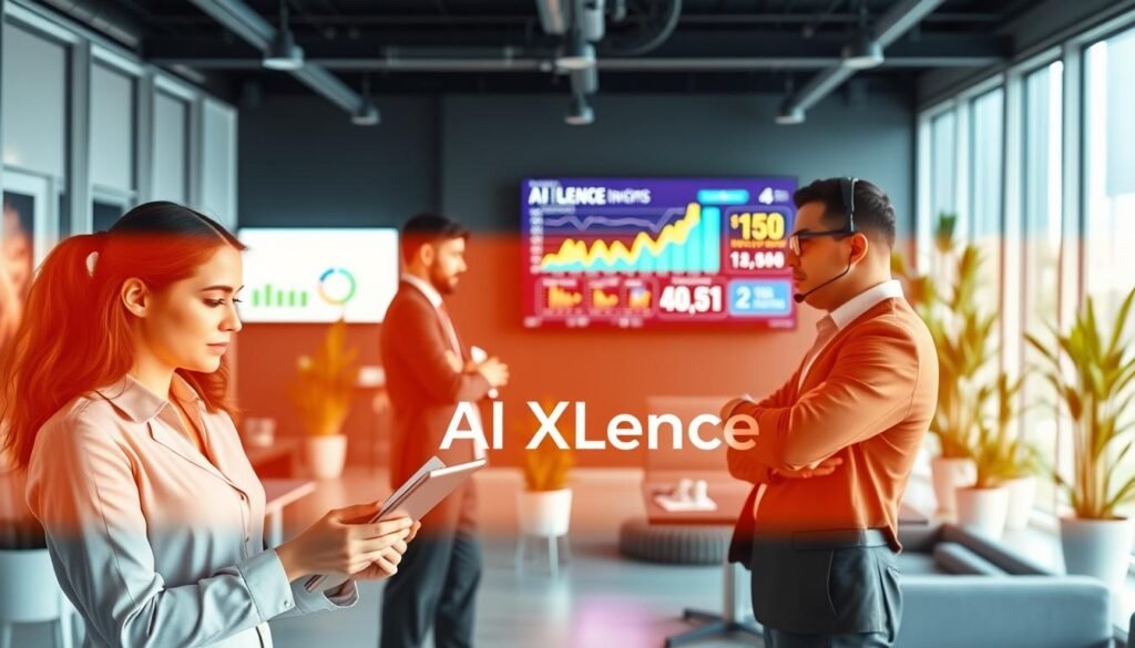 A modern office environment where a diverse team of professionals is engaged in enhancing customer service and support efficiency. In the foreground, a focused woman in professional attire is using a tablet to analyze data, while a man in business casual is assisting a customer via a headset. In the middle ground, a large digital screen displays graphs and AI-driven insights in bright colors. The background features sleek office furniture and potted plants, illuminated by soft, natural lighting from large windows. The atmosphere is collaborative and productive, showcasing innovation in customer support. Capture the essence of a forward-thinking workspace with the brand name "AI XLence" subtly integrated into the office setup. Be smart and stay ahead, Ray Baker. A modern office environment where a diverse team of professionals is engaged in enhancing customer service and support efficiency. In the foreground, a focused woman in professional attire is using a tablet to analyze data, while a man in business casual is assisting a customer via a headset. In the middle ground, a large digital screen displays graphs and AI-driven insights in bright colors. The background features sleek office furniture and potted plants, illuminated by soft, natural lighting from large windows. The atmosphere is collaborative and productive, showcasing innovation in customer support. Capture the essence of a forward-thinking workspace with the brand name "AI XLence" subtly integrated into the office setup. Be smart and stay ahead, Ray Baker.