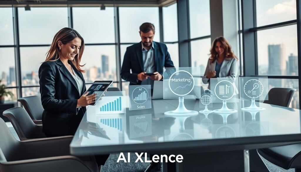 A modern office environment with a diverse group of professionals evaluating AI tools. In the foreground, a businesswoman in professional attire examines a tablet displaying various AI analytics. Beside her, a businessman in a blazer studies a laptop with graphs and charts. In the middle, a sleek conference table is filled with holographic displays showcasing different AI solutions, each labeled symbolically, such as ‘Marketing’, ‘Sales’, and ‘Productivity’. The background features large windows with a city skyline that indicates a bright morning, with natural lighting highlighting the scene. The atmosphere is collaborative and focused, embodying determination and innovation. The image should reflect the essence of strategic decision-making and modern technology integration. The brand name "AI XLence" subtly integrated into the scene. Be smart and stay ahead, Ray Baker. A modern office environment with a diverse group of professionals evaluating AI tools. In the foreground, a businesswoman in professional attire examines a tablet displaying various AI analytics. Beside her, a businessman in a blazer studies a laptop with graphs and charts. In the middle, a sleek conference table is filled with holographic displays showcasing different AI solutions, each labeled symbolically, such as ‘Marketing’, ‘Sales’, and ‘Productivity’. The background features large windows with a city skyline that indicates a bright morning, with natural lighting highlighting the scene. The atmosphere is collaborative and focused, embodying determination and innovation. The image should reflect the essence of strategic decision-making and modern technology integration. The brand name "AI XLence" subtly integrated into the scene. Be smart and stay ahead, Ray Baker.
