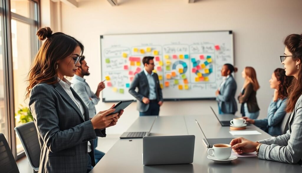 A modern office scene illustrating a dynamic interaction between a diverse group of professionals engaged in a brainstorming session about boosting personalization and customer engagement. In the foreground, a focused businesswoman in smart casual attire is actively taking notes on a digital tablet while engaging with her colleagues. The middle ground features a whiteboard filled with colorful charts and post-it notes, showcasing innovative marketing strategies. The background includes a sleek conference table with laptops and coffee cups, illuminated by warm, natural light streaming through large windows, creating an inviting atmosphere. The overall mood is collaborative and energizing, reflecting the essence of AI content marketing. The brand name "AI XLence" should be subtly integrated into the workspace decor. Be smart and stay ahead, Ray Baker.