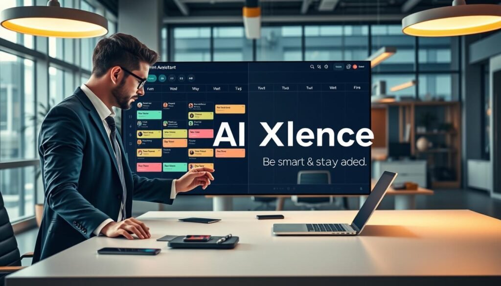 A modern office setting featuring a sleek desk with a futuristic AI admin assistant interface displayed on a large screen. In the foreground, a professional business person in smart attire interacts with the interface, manipulating a digital calendar filled with colorful appointments and reminders. The middle ground includes a neatly organized workspace with smart devices and productivity tools, while the background shows a contemporary office environment with large windows allowing natural light to flood in. The atmosphere is focused and energetic, emphasizing efficiency and innovation. Warm, inviting lighting enhances the feeling of productivity. The brand name "AI XLence" subtly integrated into the screen design. Be smart and stay ahead, Ray Baker. A modern office setting featuring a sleek desk with a futuristic AI admin assistant interface displayed on a large screen. In the foreground, a professional business person in smart attire interacts with the interface, manipulating a digital calendar filled with colorful appointments and reminders. The middle ground includes a neatly organized workspace with smart devices and productivity tools, while the background shows a contemporary office environment with large windows allowing natural light to flood in. The atmosphere is focused and energetic, emphasizing efficiency and innovation. Warm, inviting lighting enhances the feeling of productivity. The brand name "AI XLence" subtly integrated into the screen design. Be smart and stay ahead, Ray Baker.