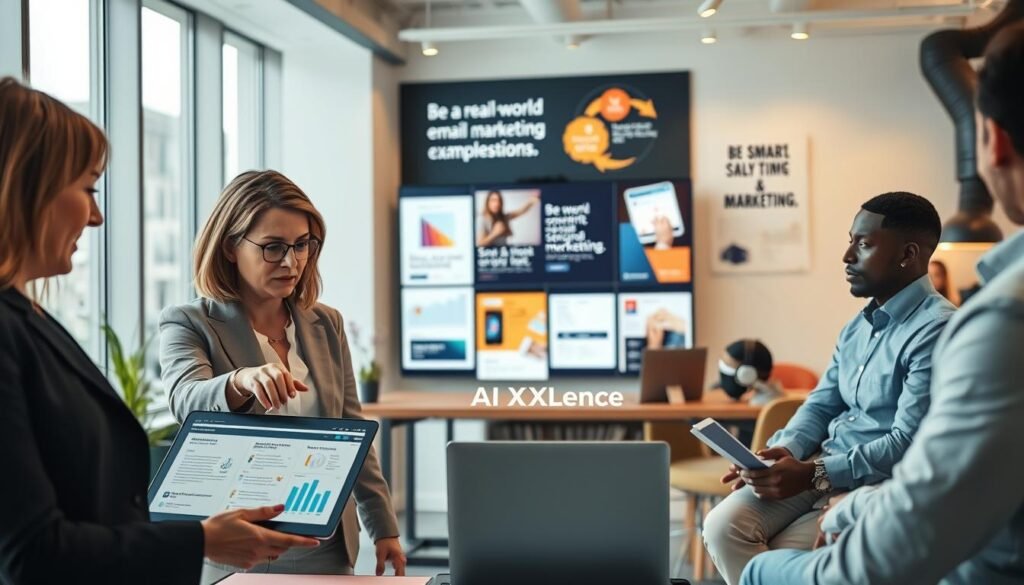 A modern office setting showcasing a diverse group of professionals engaged in a discussion about email marketing campaigns. In the foreground, a middle-aged woman in smart business attire points to an open laptop displaying charts and email templates, while a young man in casual yet professional clothing takes notes. In the middle, a large screen displays vibrant visuals of real-world email marketing examples, highlighting statistics and engaging designs. The background features a well-organized workspace with motivational posters related to AI and marketing. Soft, natural lighting filters through large windows, creating a bright and inviting atmosphere. The overall mood is collaborative, innovative, and focused on success. The brand "AI XLence" is subtly integrated into the scene as part of a digital display. Be smart and stay ahead, Ray Baker. A modern office setting showcasing a diverse group of professionals engaged in a discussion about email marketing campaigns. In the foreground, a middle-aged woman in smart business attire points to an open laptop displaying charts and email templates, while a young man in casual yet professional clothing takes notes. In the middle, a large screen displays vibrant visuals of real-world email marketing examples, highlighting statistics and engaging designs. The background features a well-organized workspace with motivational posters related to AI and marketing. Soft, natural lighting filters through large windows, creating a bright and inviting atmosphere. The overall mood is collaborative, innovative, and focused on success. The brand "AI XLence" is subtly integrated into the scene as part of a digital display. Be smart and stay ahead, Ray Baker.